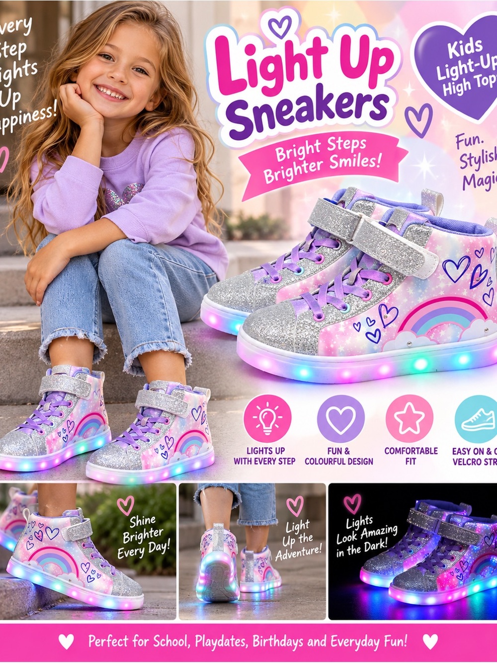 Kelly & Katie Girls Light-up Rainbow High Top Sneakers with Glitter and Hearts
